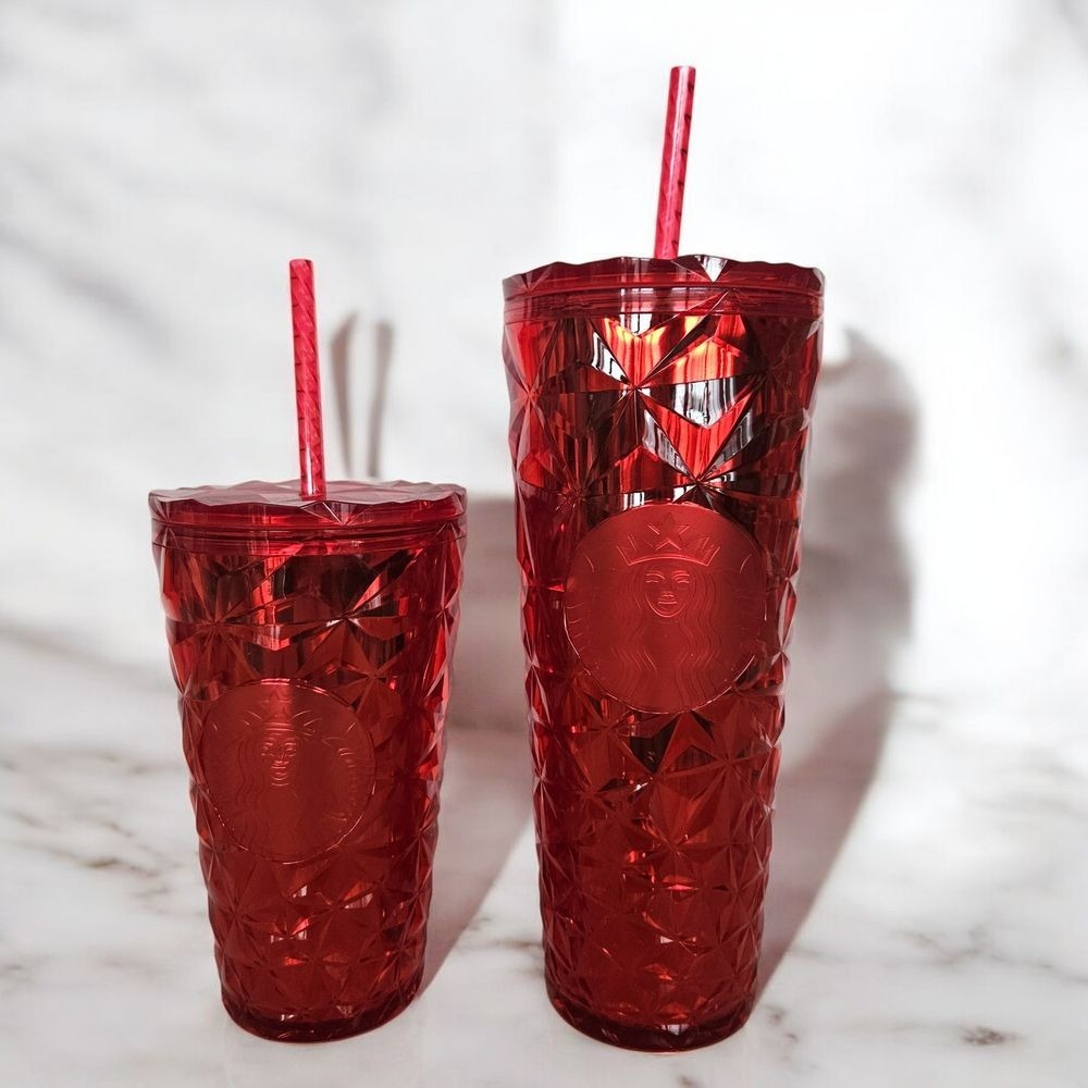 NEW Starbucks Red Geometric Cold Cups Diamond Pattern Tumblers 24oz & 16oz